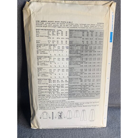 Butterick Misses Jacket Skirt Pants Sewing Pattern Sz16 5728 - Uncut - Picture 3 of 4